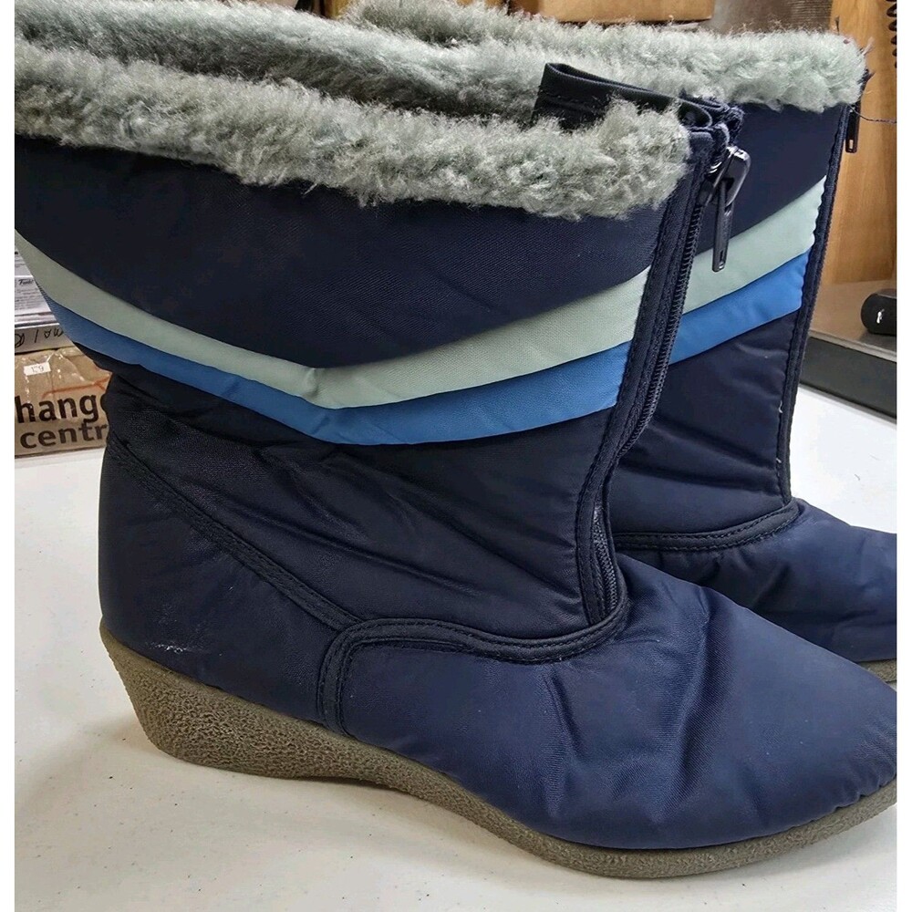 Vintage Moon Boot Snow Womens 7 Blue Gray Faux Fur Lined Zipper Close